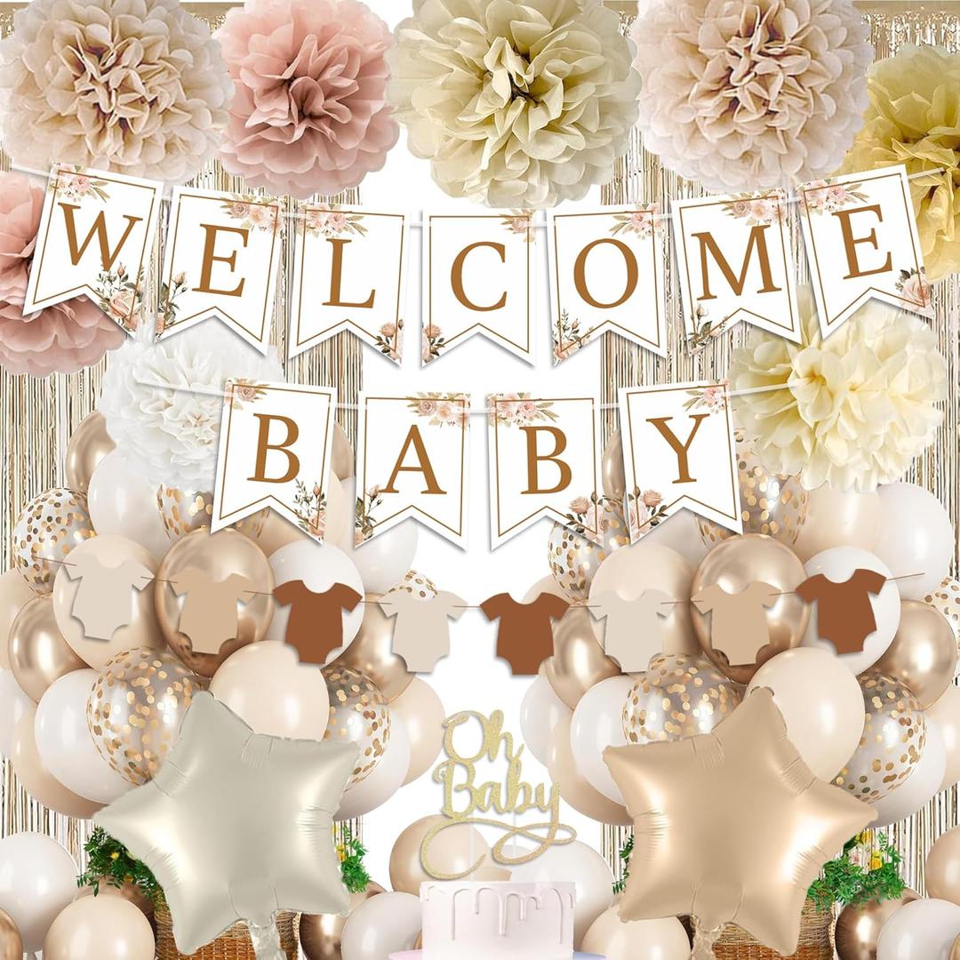 Champagne Baby Shower Decorations, Boho Beige Baby Shower Decor Set with Welcome Baby Banner,Tissue Pom Poms,Oh Baby Cake Topper,Nude Cream Gold Balloons| Neutral Baby Boy Girl Shower Party Supplies
