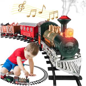Electric Train Set for Kids Ages 4-8 - Battery-Powered Train Set with Lights & Sounds, Steam Locomotive Engine, Horses & Tracks - Classic Railway Toy Gift for Boys & Girls, Toddler Train Playset