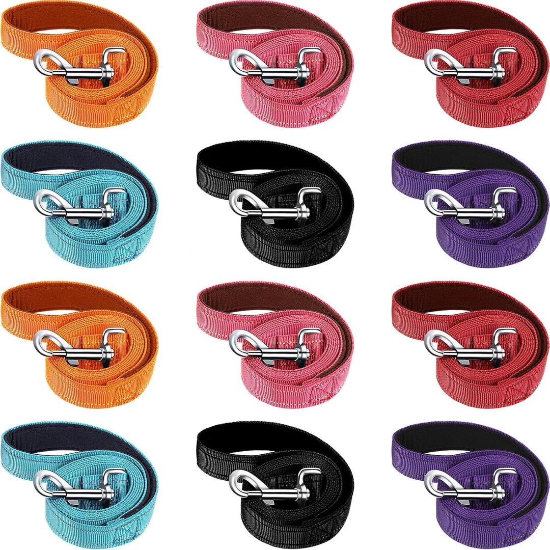Vicenpal 12 Pcs Double Sided Reflective Dog Leash with Soft Padded Handle, Bulk Nylon Animal Leashes for Medium and Large Dogs Heavy Duty Animal Leash for Walking, Training, 6 Colors (6 ft,Cute Colors)