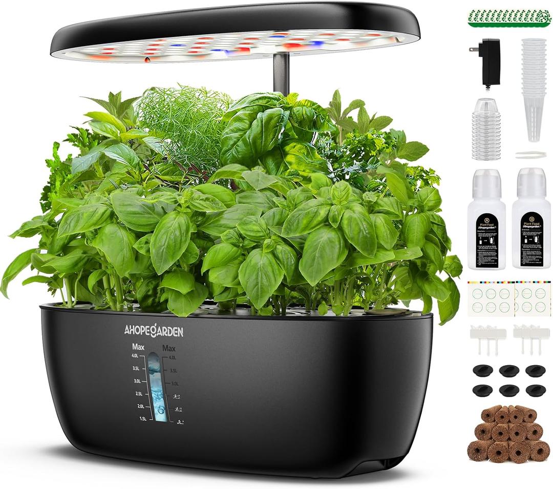 Ahopegarden Indoor Garden Hydroponics Growing System: 12 Pods Plant Germination Kit Garden Kit Growth Lamp Countertop with LED Grow Light Hydrophonic Planter Grower Harvest Vegetable Lettuce (Black)