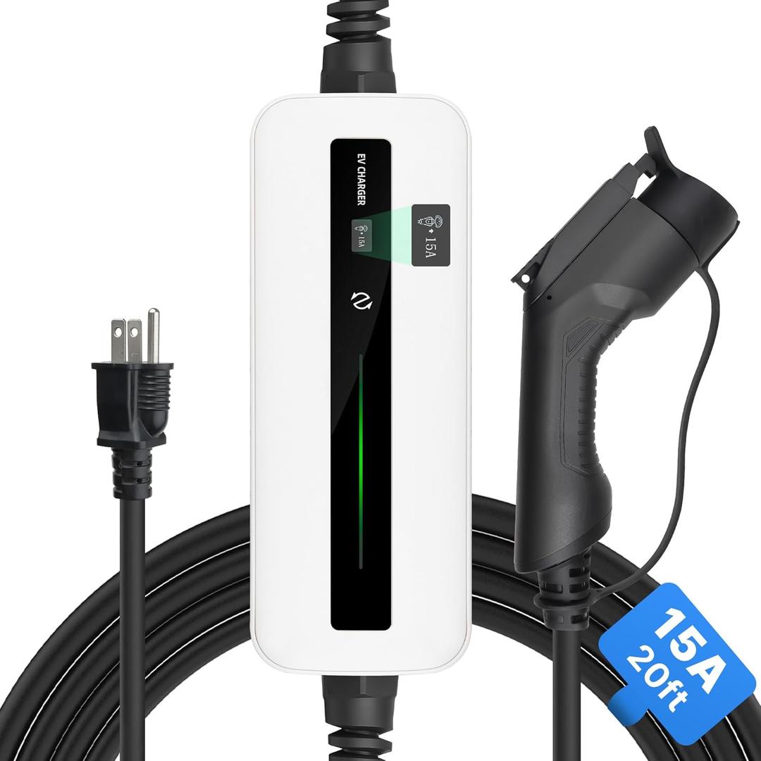 15A EV Charger Level 1 NEMA5-15P ev Charging Cable 100V-120V Portable EVSE SAE J1772 Plug Home Electric Vehicle Charging Station Compatible with All EV Cars 6m (20 feet) (White)