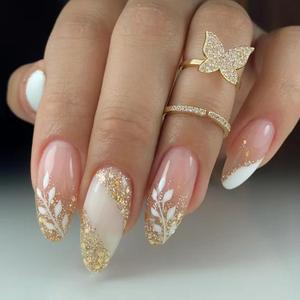 4 x MERVF Almond Press on Nails Medium Fake White French Tip Glue ons Nail Gold Lines Stiletto Acrylic Leaf Print Design Manicure Supplies Glossy 24pcs
