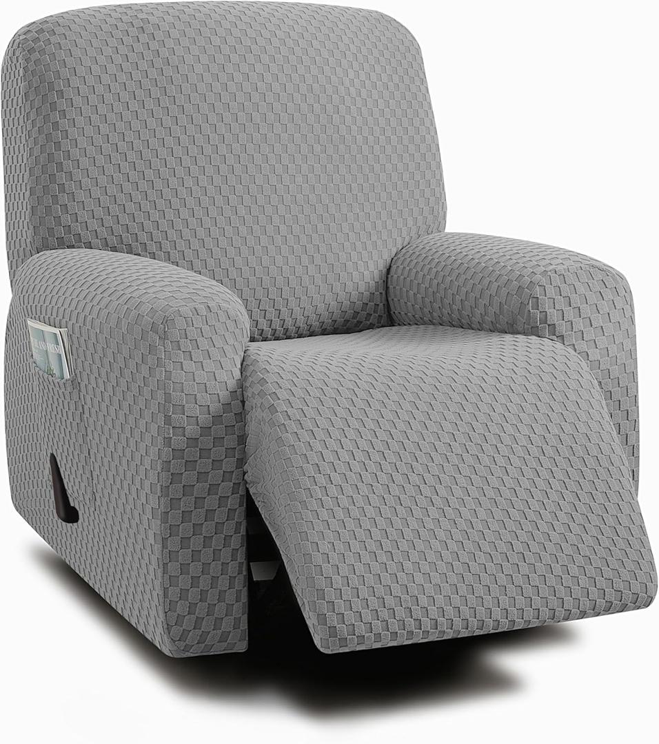 ULTICOR 4-Piece, 1 Seat Recliner Cover, Jacquared Stretch Reclining Chair Covers for 1 Cushion Reclining Sofa, Single Seat Recliner Couch Cover, Soft, Washable (Light Grey, Recliner Cover)(Style 1)