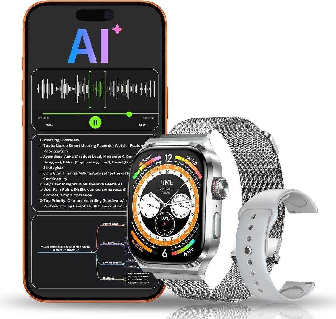 AI Smart Watch with Voice Recorder, Transcribe & Summarize with AI for Meetings, App Control, Supports 135 Languages, 2.13" AMOLED Display, Health, Fitness & Sleep Tracker, 80+ Workout Modes, Silver