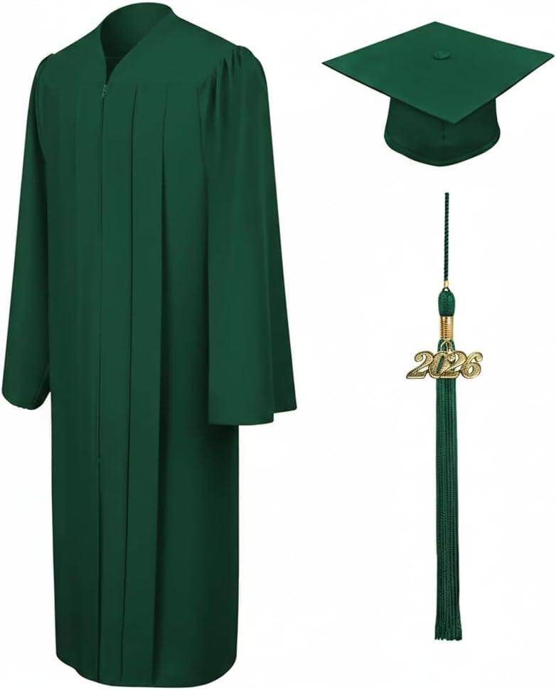 CLERKMANS Unisex Matte Graduation Cap Gown Tassel Package, High School and University (Green), 60 (6'3"-6'5")
