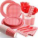Sieral 200 Pcs Party Supplies for 25 Guests Disposable Tableware Kits with Paper Plates, Cups, Napkins, Cutlery and Straws for New Year Birthday Picnic BBQ Wedding Party Decorations(Red, White)
