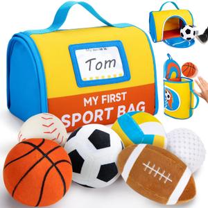 teytoy My First Sports Bag for Baby,Stuffed Plush Playset with Soft Basketball,Baseball,Football,Soccer,Golf Ball,Volleyball Baby Birthday Gift Toys for 1 Year Old Boys Girls