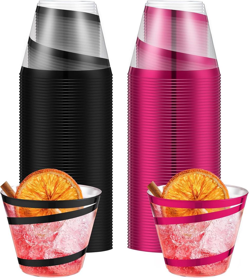 Gejoy 9 oz Rimmed Swirl Plastic Cups Disposable Wine Drinking Cups Clear Elegant Wedding Tumblers for Engagement Single Party Supplies(Hot Pink, Black)