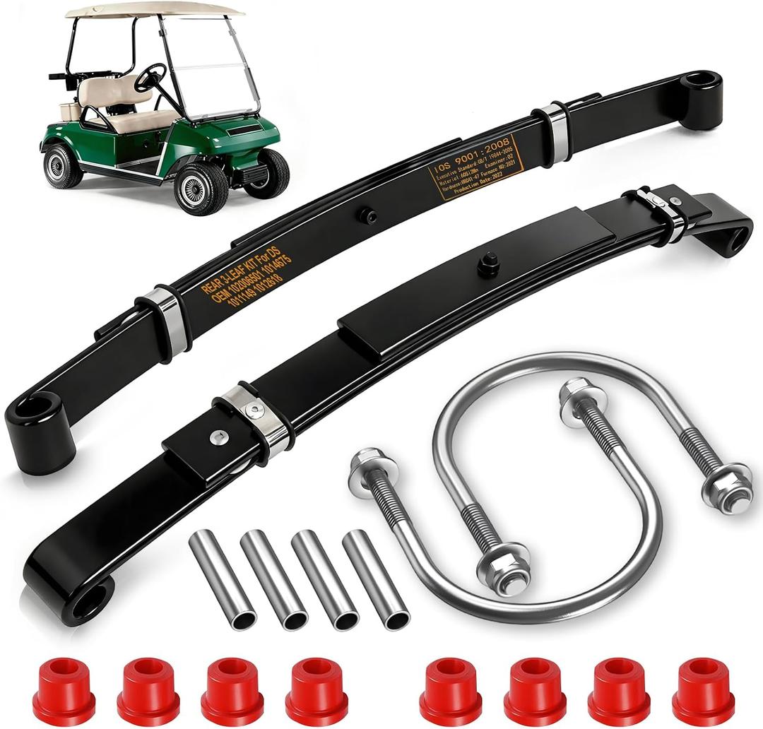 Upgraded Heavy Duty Rear 3-Leaf Springs Kit for Club Car DS 1981-Up Gas & Electric Golf Cart Suspension with Bushings Sleeves U-Bolts Replace OEM 102006501 1014675 Fixes Sagging Load Capacity, Fit Club Car DS 1981-Up Electric & Gas