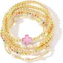 14K Gold Pearl Beaded Cross Bracelets Stack Set for Women,Stretch Boho Colorful Christian Beads Ball Jewelry Trendy Gift (Pink)