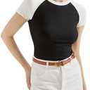 SUUKSESS Women Ribbed Short Sleeve Slim Fit Tops Summer Crew Neck Color Block Going Out T Shirt S