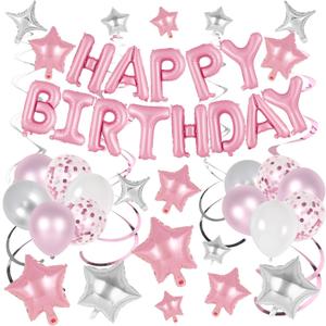 55 Pcs Happy Birthday Balloons Letters Banner with 35 Pcs Star Foil Balloon, 20 Pcs Latex Balloons, 6 Hanging Swirls for Women Men Boys Girls Birthday Party Decorations Set  (Pink)