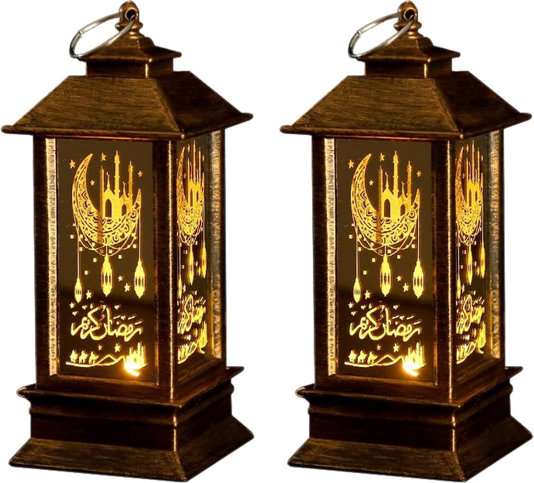 2 Pack Ramadan Lantern Tower - Bronze Gold Islamic Lamp with Arabic Calligraphy & Moon Star Design, Battery Operated Table Light for Muslim Home Decor, Eid Gifts & Festival Decoration