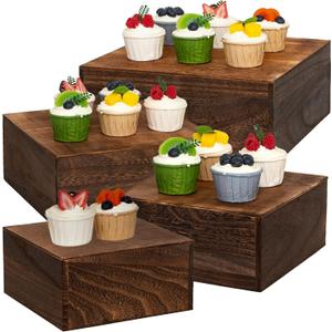 4 pieces wooden cake stands,antique brown cupcake stands for display,12 inches square wooden crates ,wood display risers for wedding,birthday party,Christmas,etc. (Antique Brown)