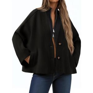 Yousify Womens Cropped Wool Blend Pea Coat Casual V Neck Button Down Short Jackets Fall Shackts with Pockets (Small, Black)