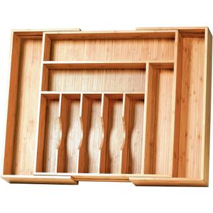 Umilife Extra Large Expandable Kitchen Siverware Utensils Drawer Organizer, 19" Deep for Big Drawer, Adjustable Bamboo Wood Drawer Divider with Curved Grooves, Cutlery Tray Flatware Holder (Expandable 17~28 x 19 inch (10 Slots))