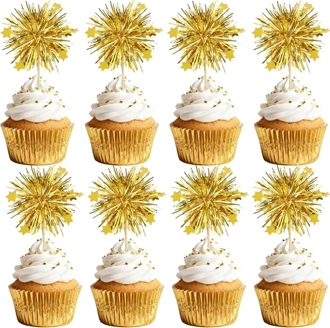 Foil Firework Cupcake Toppers, 30 PCS Gold Birthday Cupcake Toppers Cake Decorations, Sparkle Tinsel Star Cupcakes Picks for New Years Decorations 2026, Graduation, Birthday Party Decoration Supplies