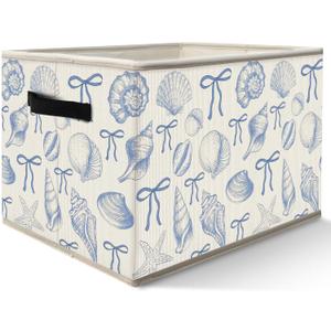 Nogrit Coquette Blue Bow Beach Storage Bins Box, Toybox for Girls, Preppy Coastal Seashell Foldable Baskets Organizer Container with Handles for Girls Bedroom Dorm Bathroom Clothes Toys Books