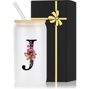 Monogrammed Glass Drinking Cup With Lid Straw Women Her Sister Mom Girlfriend Aunt Best Friend Friendship Grandma Bestie Wife Daughter Law Lady Happy Birthday Cool Funny Meaningful Unique Gifts Cute,J