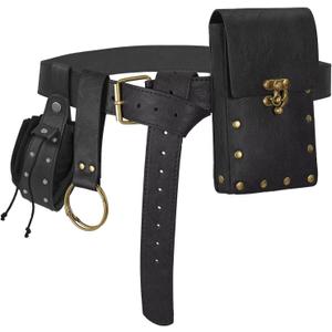 Renaissance Accessories Belt Pouch Medieval Pirate Leather Belt Viking Witch Waist Purse Costume Men Women for Ren Fair Halloween (A Black)