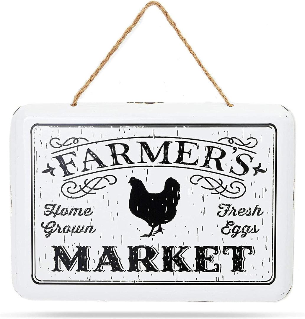 Farmlyn Creek Hanging Farmers Market Metal Sign - 10.6 x 5.9 in White Metal Farmhouse Decor - Farmers Market Wall Art