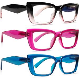 Stylish Blue Light Blocking Reading Glasses for Women 3 Pack with Spring Hinge, Multiple Strengths (3 Mix Color)