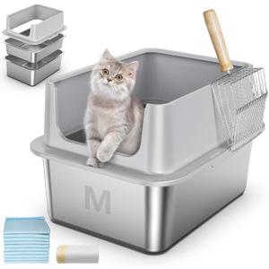 Stainless Steel Sifting Litter Box, 17" L x 13" W x 10.8"H High Sided Metal Sifting Cat Litter Box for Pine Pellets, Enclosed Sifting Box with Lid, Anti-Leakage, Easy Clean for Kittens and Small Cats