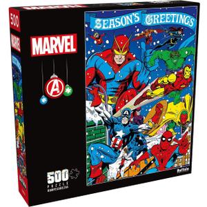 Buffalo Games Marvel - Season's Greeting from The Avengers - 500 Piece Christmas Jigsaw Puzzle - Festive Holiday Puzzles for Adults Precision-Cut Pieces, Winter Artwork