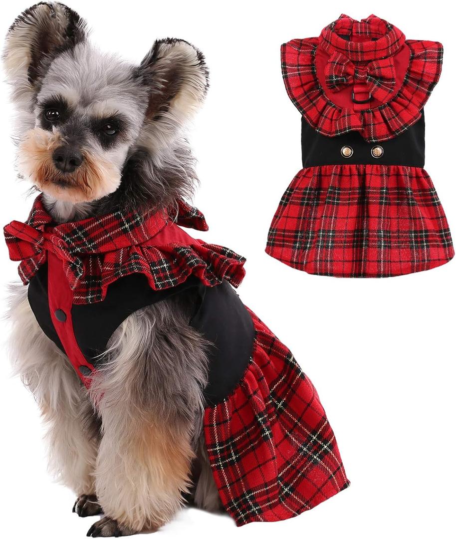 Kuoser Dog Classic Red Plaid Dress for Small Medium Dogs, Puppy Bowknot Tutu Dress with D-Ring Buckle, Cute Pet Vest Dog Princess Skirt for Wedding Holiday Party Photography Medium