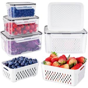 Freshmage Fruit Storage Containers for Fridge with Removable Colander, Airtight Food Storage Container, Dishwasher Safe Produce Saver for Refrigerator, Keep Berry Fruit Fresh Longer 4 pcs Small Clear