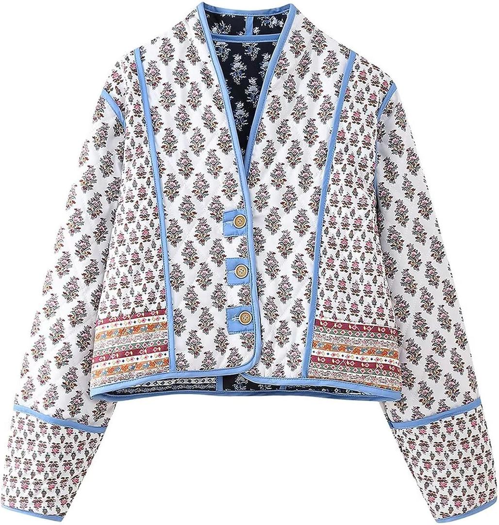 Wyeysyt Women's Cropped Quilted Puffer Jacket Cardigan Floral Printed Button Up Long Sleeve Padded Quilted Short Puffer Coats (WhiteFloral-S)