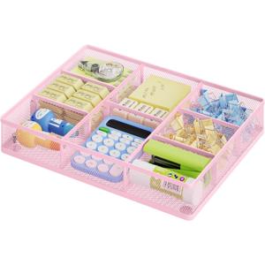 Marbrasse Pink Desk Drawer Organizer, Metal Mesh Drawer Organizer Tray with 5 Adjustable Compartments,Desk Organizers and Accessories for Home,Office,Kitchen,Makeup,Vanity (Pink)