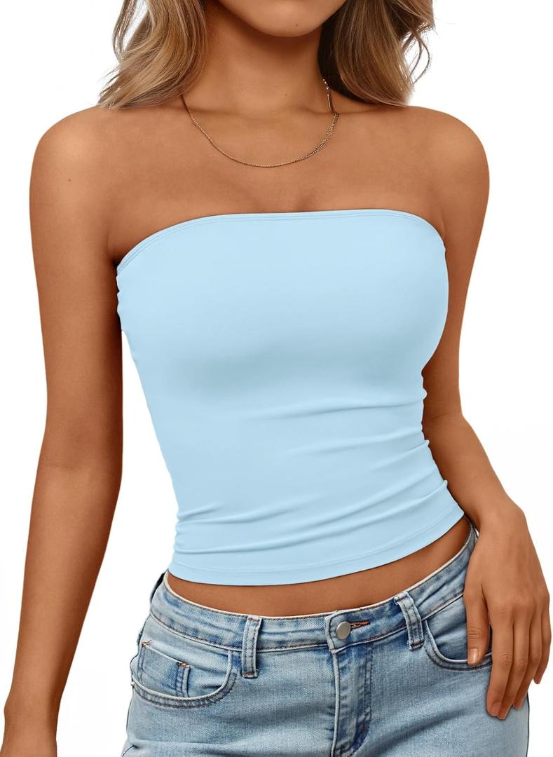 Trendy Queen Women's Strapless Bandeau Crop Top (Blue, M)