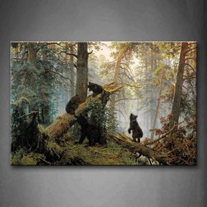 Black Bear Wall Art Bears Play in Forest Broken Tree Canvas Painting The Picture Print On Canvas Animal Pictures for Home Decor Decoration Gift