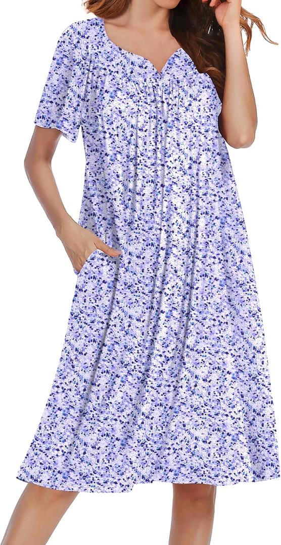 Ekouaer Nightgowns for Women Short Sleeve House Dress with Pockets Soft Moomoo Pleated Mumu Dresses V Neck Sleepwear (Medium, Purple Floral)
