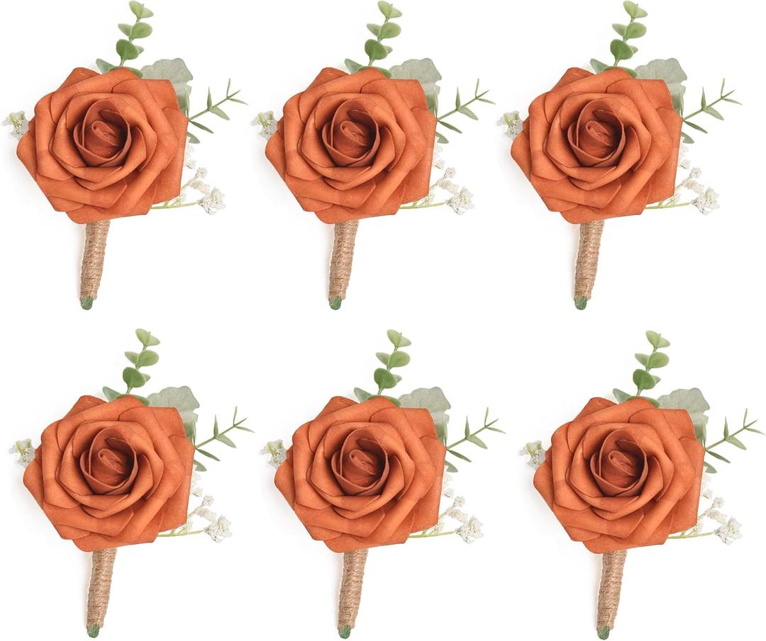 Burnt Orange Rose Boutonniere with Eucalyptus for Men, Set of 6, Wedding Flower Boutonnieres with Pins for Groom and Best Man Wedding Ceremony Anniversary, Homecoming Prom Party (6pcs Burnt Orange Boutonnieres)