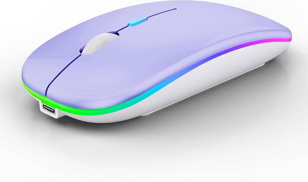 WREANU Wireless Bluetooth Mouse Rechargeable Laptop Mice with LED Lights Silent Slim Use(BT5.2 and 2.4G Portable USB Receiver)Dual Mode Computer Mouse for Laptop/iPad/Tablet/Apple/Computer/Mac(Purple)