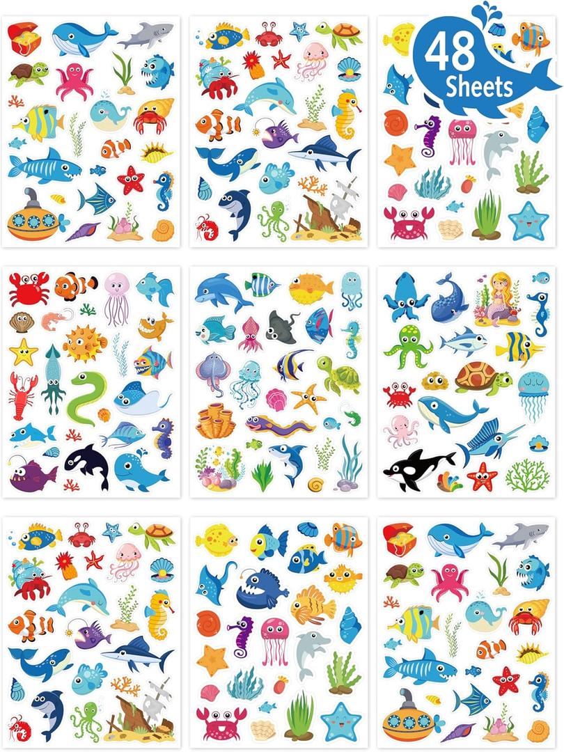 LINAYE 48 Sheets Ocean Stickers for Kids, 1040 Pcs Waterproof Under The Sea Fish Animal Stickers Ocean Under The Sea Party Favors Decorations Crafts for Kids