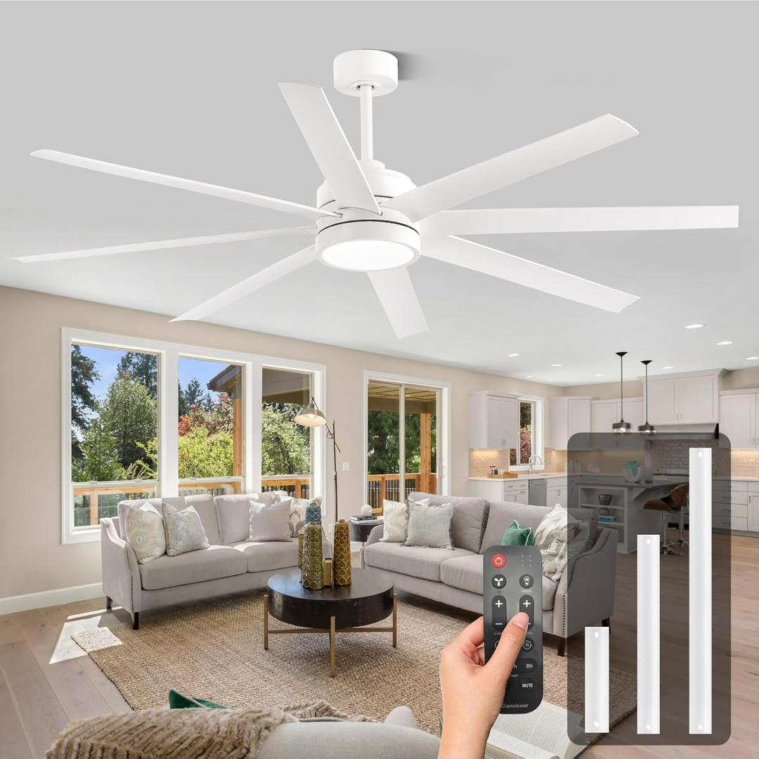 Modern Ceiling Fans with Lights, 65 Inch Ceiling Fan with Light and Remote for Bedroom Living Room Kitchen Office, Indoor/Outdoor Use, 24W 3CCT 8 Blades 6 Speed Reversible Quiet DC Motor, White