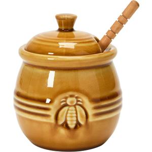 Creative Co-Op Farmhouse Embossed Stoneware Honey Pot with Wood Honey Dipper, Amber Orange (8 ounces)