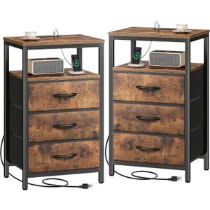 Huuger Nightstands Set of 2, 27.6 Inch End Tables with Charging Station, Fabric Drawers, Bedside Tables with USB Port and Outlet, Night Stands for Bedroom, Rustic Brown
