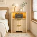 Fluted Nightstand with Charging Station & LED Light, 2 Drawer Bedside Table with Open Shelf, Modern Mid Century End Table with USB Outlet for Bedroom, Small Spaces, Oak, 18.5" x 11.8" x 25.6"