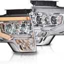 LQI LED Tube Headlights Assembly, Compatible with 2009 2010 2011 2012 2013 2014 Ford F150 LED Tube Dual Projector Headlights Assembly with SwitchbackClear lens Chrome Housing Amber Reflector