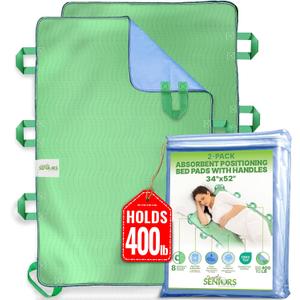 Absorbent Positioning Bed Pads for Elderly with 8 Handles 34"x52"- 2 Pack of Washable Waterproof Incontinence Draw Sheets - Reusable Bed Mobility Under Pads for Seniors Disabled & Bedridden Patients