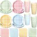 96 Pcs Gingham Dessert Paper Plates And Napkins/Cup Set - 9 Inch 4 Color(Red/Blue/Green/Yellow) Small Scalloped Disposable Paper Plate - Disposable Gingham Party Supplies - For Picnic Wedding Birthday