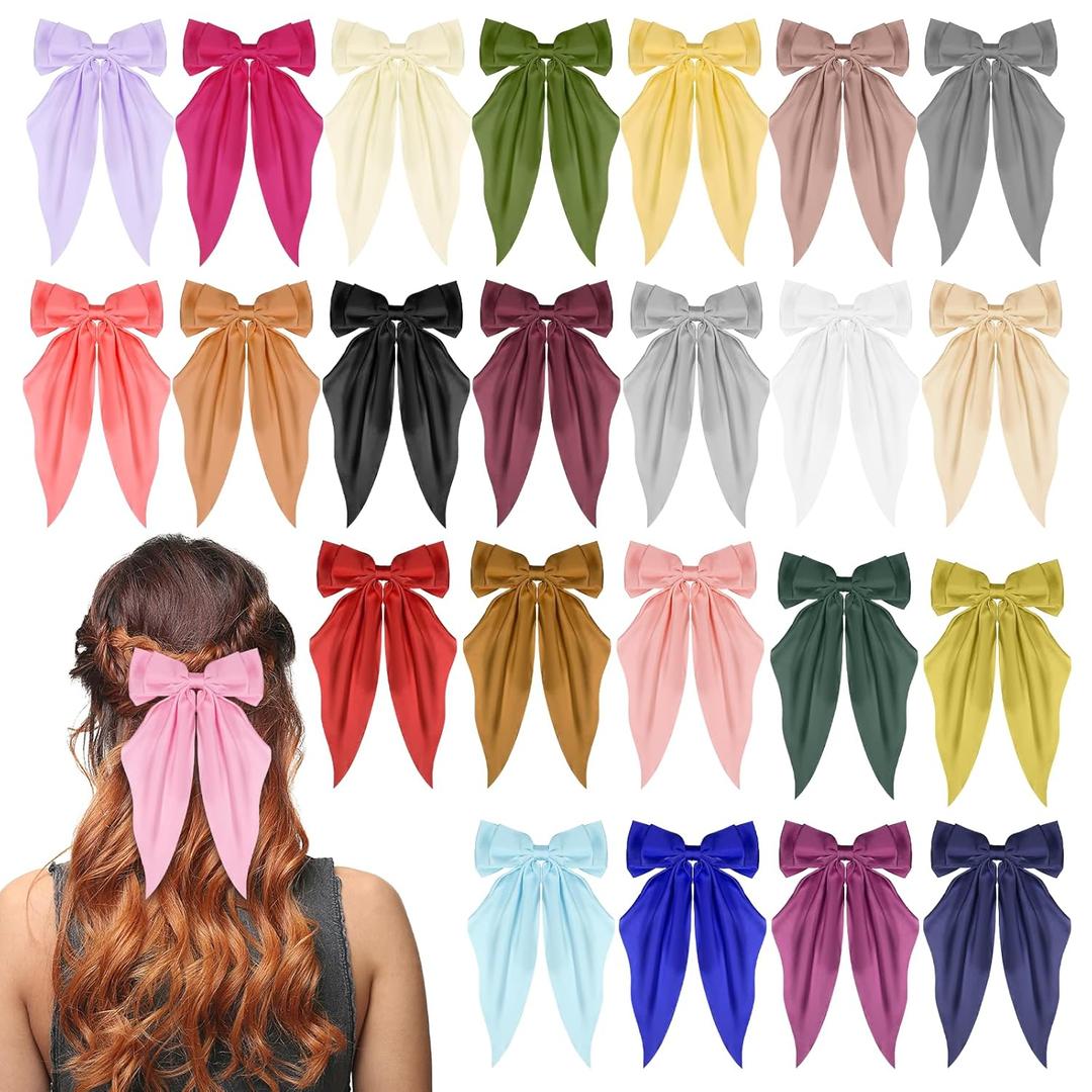 SHENLIU 24 Pack Oversized Satin Hair Bows for Women, Multi Colors Silky Big Bow Clips with Long Tail Ribbons, Large Knot Barrettes Hair Accessories for Girls Holiday Gifts
