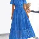 PRETTYGARDEN Womens 2026 Summer Maxi Dress Short Sleeve V Neck Hollow Out Eyelet A Line Long Flowy Beach Vacation Dresses (Blue, L)