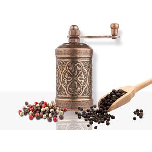 Decorative Handmade Black Pepper Grinder, Refillable Turkish Spice Mill with Adjustable Coarseness, Manual Pepper Mill with Handle, Spice Grinder with Hand Crank 8 cm-3.1 inch (Bronze)