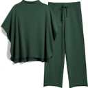 Women's Two Piece Outfits 3/4 Batwing Sleeve Capelet Crew Neck Pullover Top Wide Leg Pants Lounge Set (Large, Dark Green)