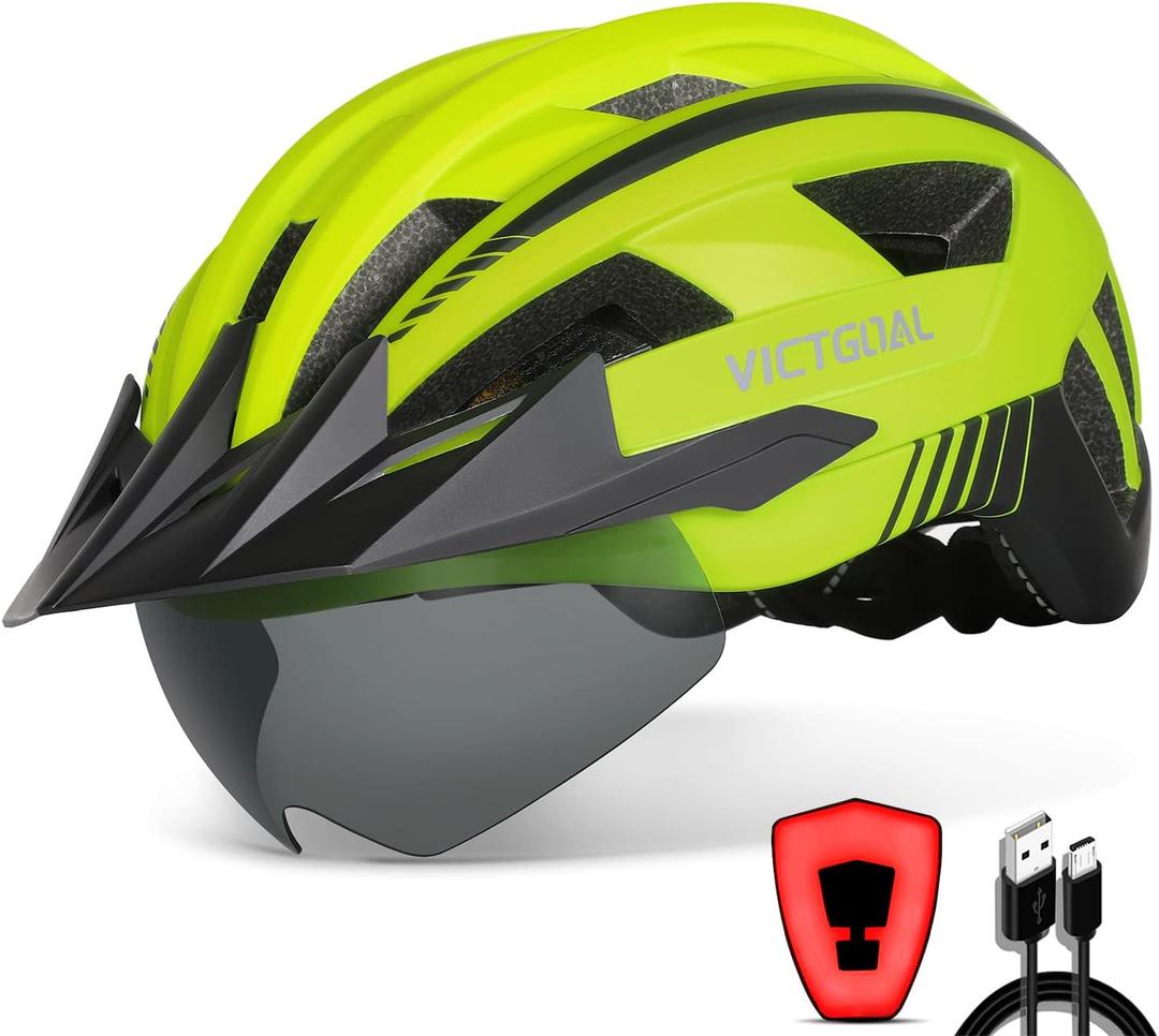 VICTGOAL Bike Helmet with USB Rechargeable Rear Light Detachable Magnetic Goggles Removable Sun Visor Mountain & Road Bicycle Helmets for Men Women Adult Cycling Helmets (XL: 59-63 cm, Yellow)